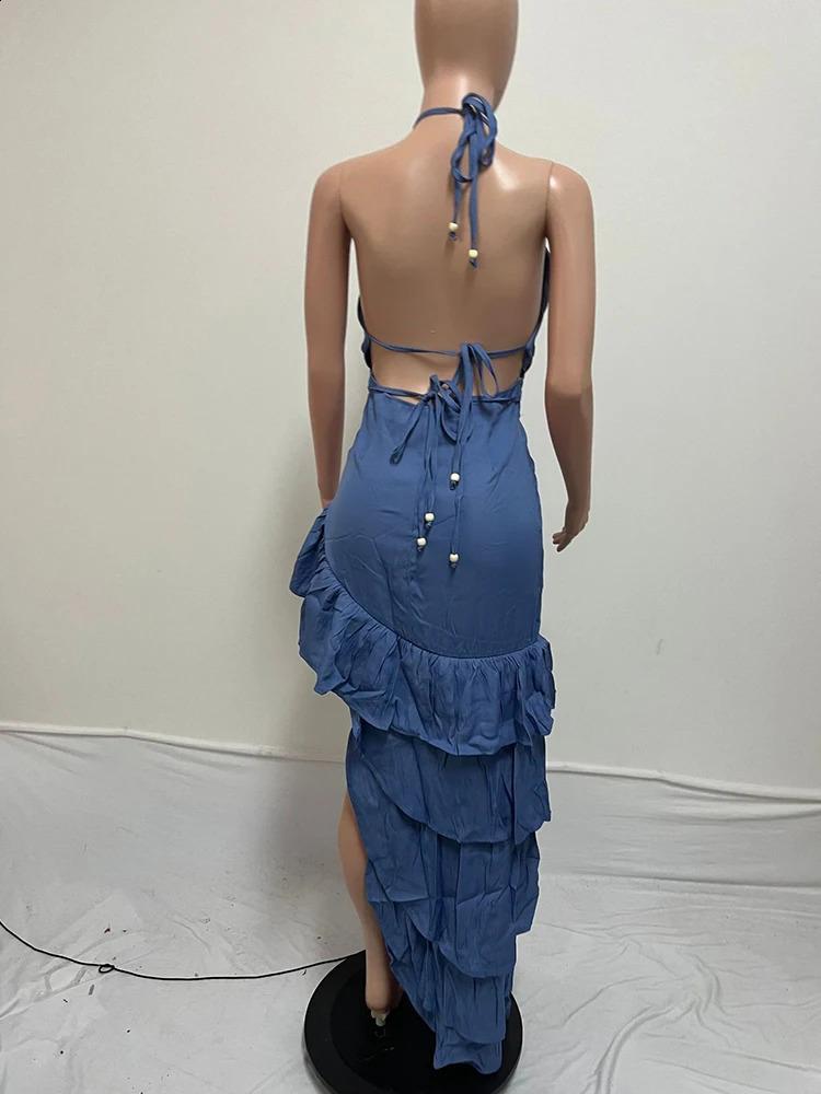 Woman Summer Dress High Waist Evening Party Halter Vintage Blue Dress A-line Tiered Ruffle Prom Sexy Long Backless Dress 240814