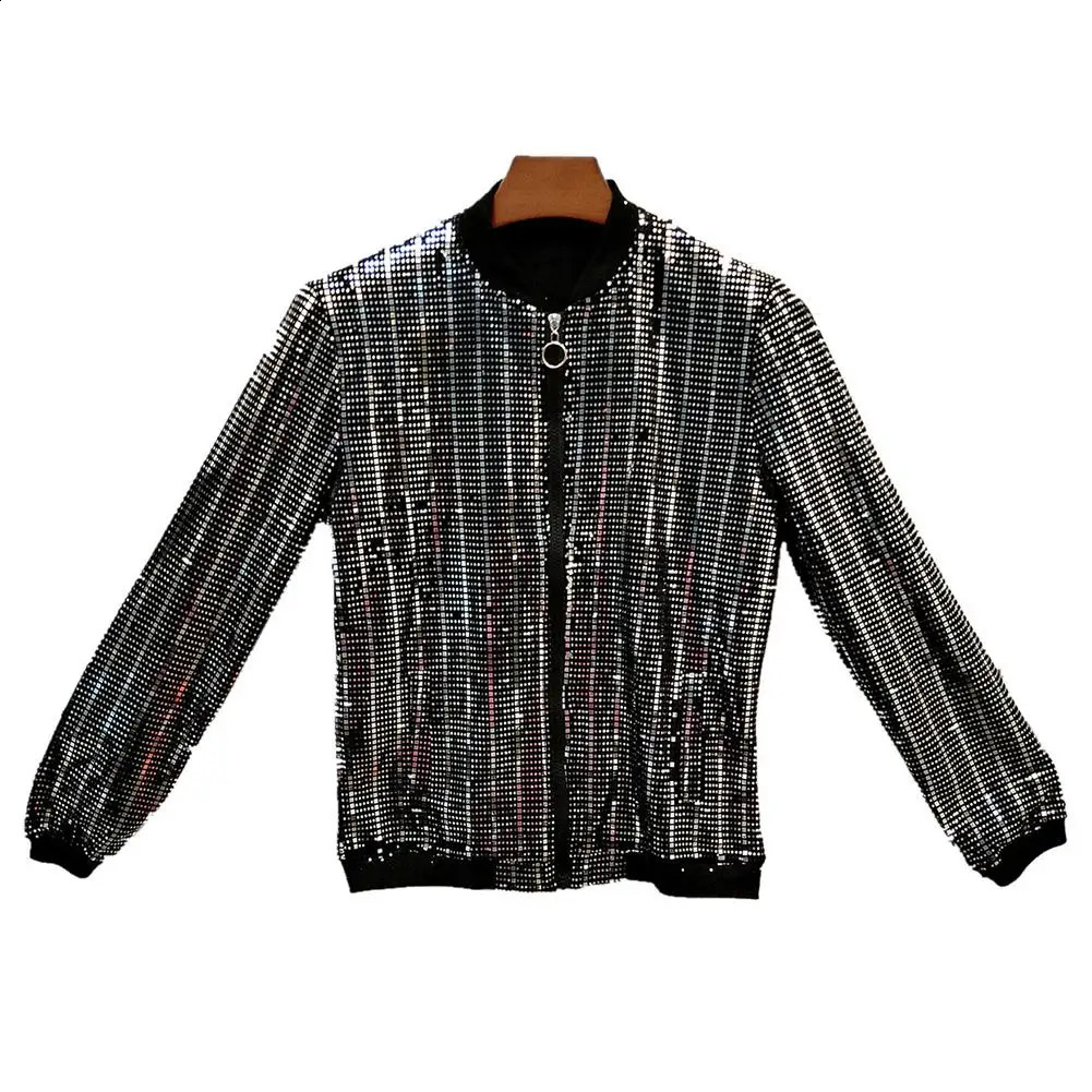 sequin bomber jacket mens shiny sequin long sleeved shiny zipper jacket hip-hop loose nightclub stage streetwear jacket 240814