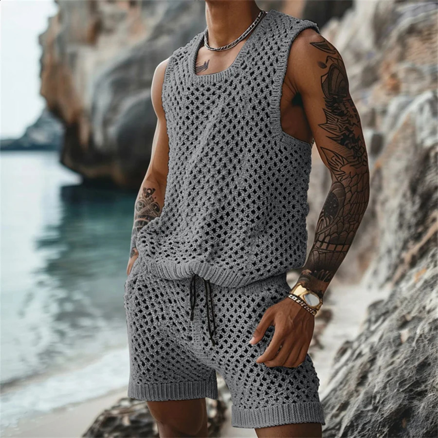 2024 Summer Mens Casual Knitted Two Piece Sets Solid Loose Tank Tops and Shorts Beach Sports Suit Men Hollow Out Streetwear 240814
