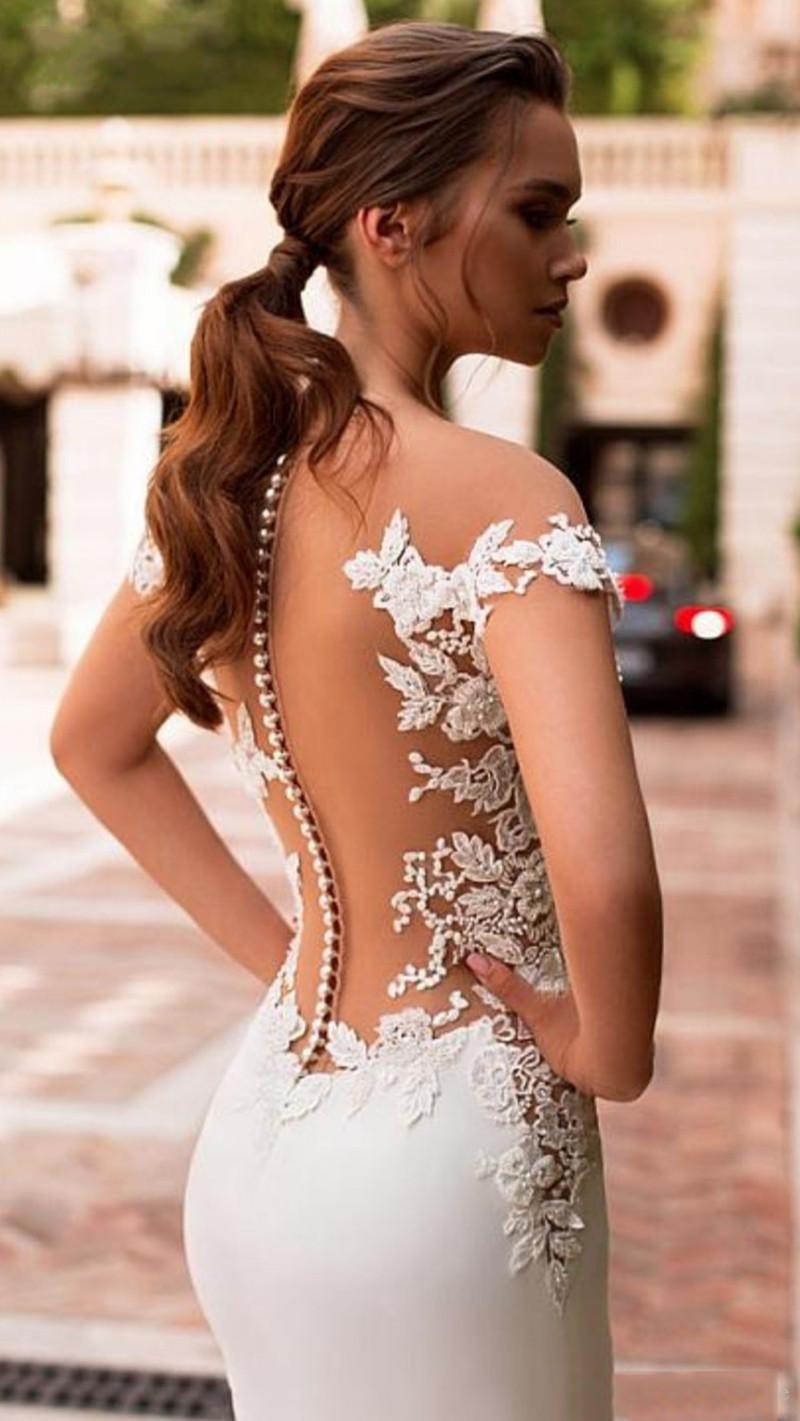 Mermaid Wedding Dress Elegant Robe De Marie Satin Cap Sleeve Vestido De Noiva Lace Bride Dresses Sheer Buttons Back White Bridal Gowns
