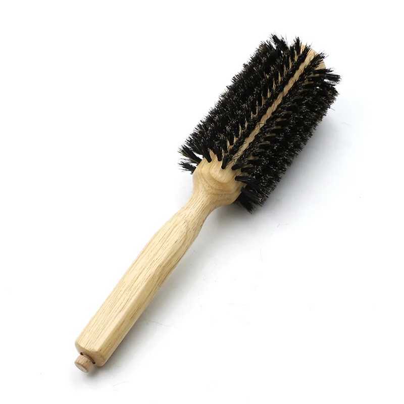 No. 6 Wooden Handle Pig Mane Round Brush Detachable Tail Professional Barber Salon Hairdressing Brush Round Comb W240813