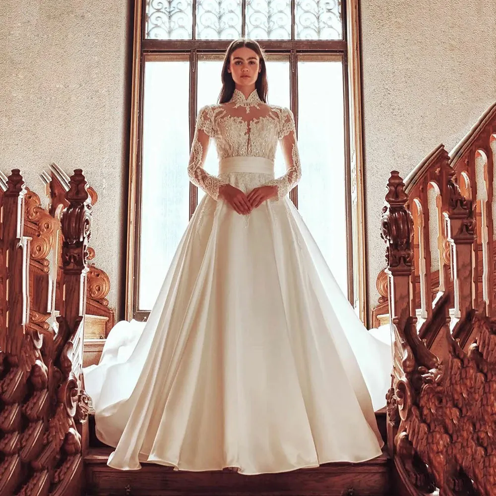 2024 Stain High Neck Beading Wedding Dresses Bridal Gowns Beads Crystals Long Sleeve Crystal Vestido de Noiva Plus Size
