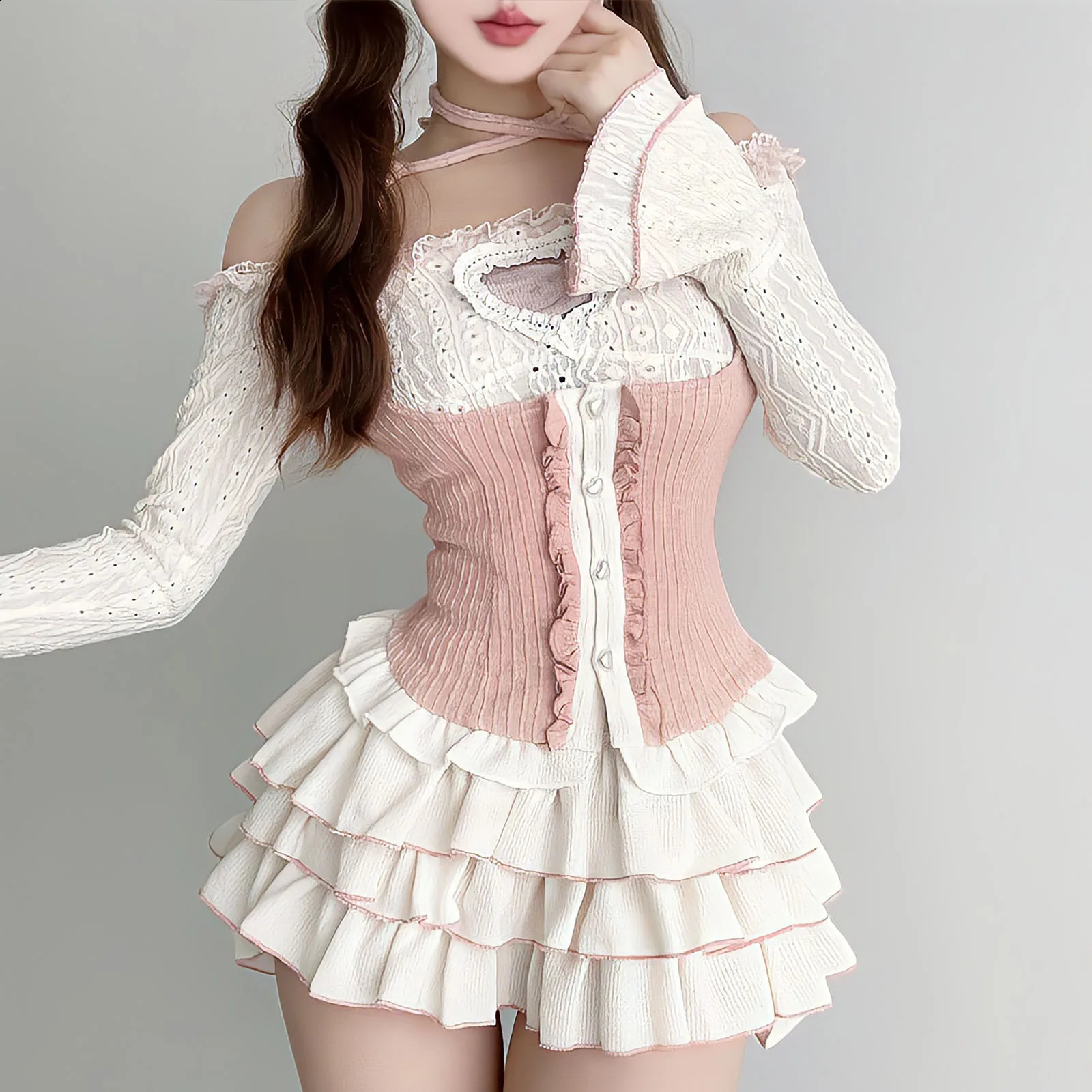 Kawaii Clothing Knitted 3Piece Set Tutu Skirts Sets Y2k Crop Tops BlouseMini Lolita Suit Japanese Korean Fashion Outfits 240809
