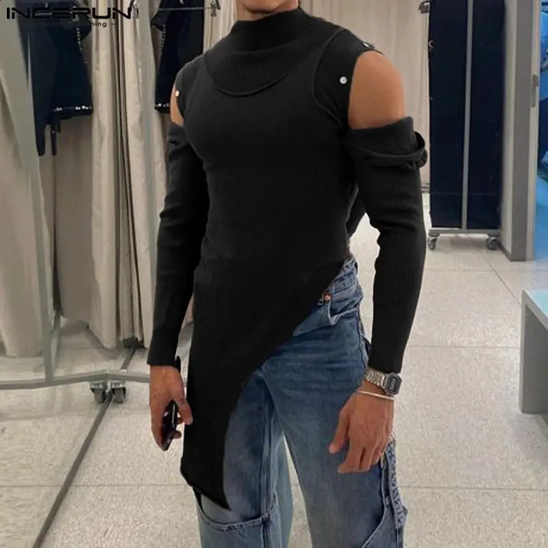 INCERUN Men Irregular T Shirts Patchwork Long Sleeve Off Shoulder Patchwork Turtleneck Men Clothing Streetwear Camisetas 240814