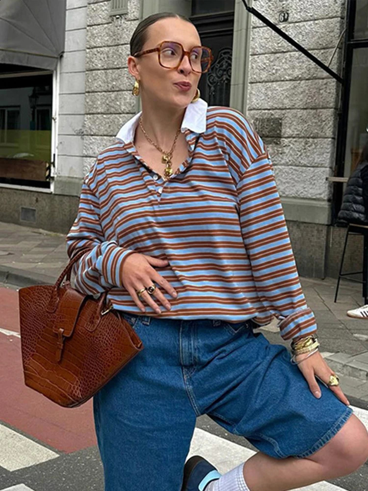 Retro striped womens Pullover T-shirt with lapel and long sleeved top womens casual loose button down shirt fashionable Pullover 240827