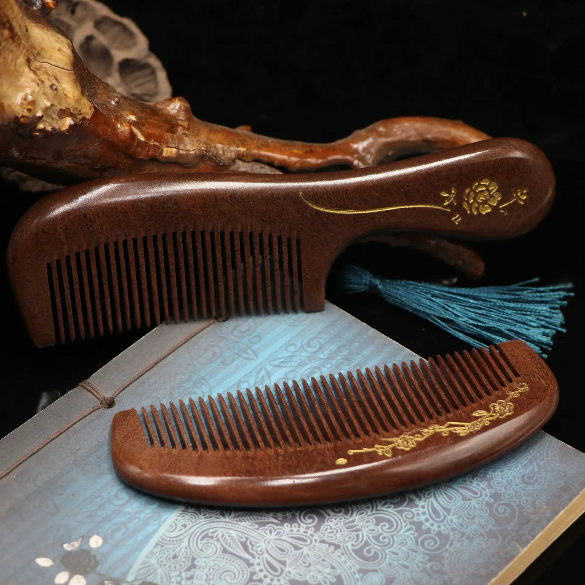 Natural peach solid wood comb carving peach wood health massage anti-static comb hair care tool W240813