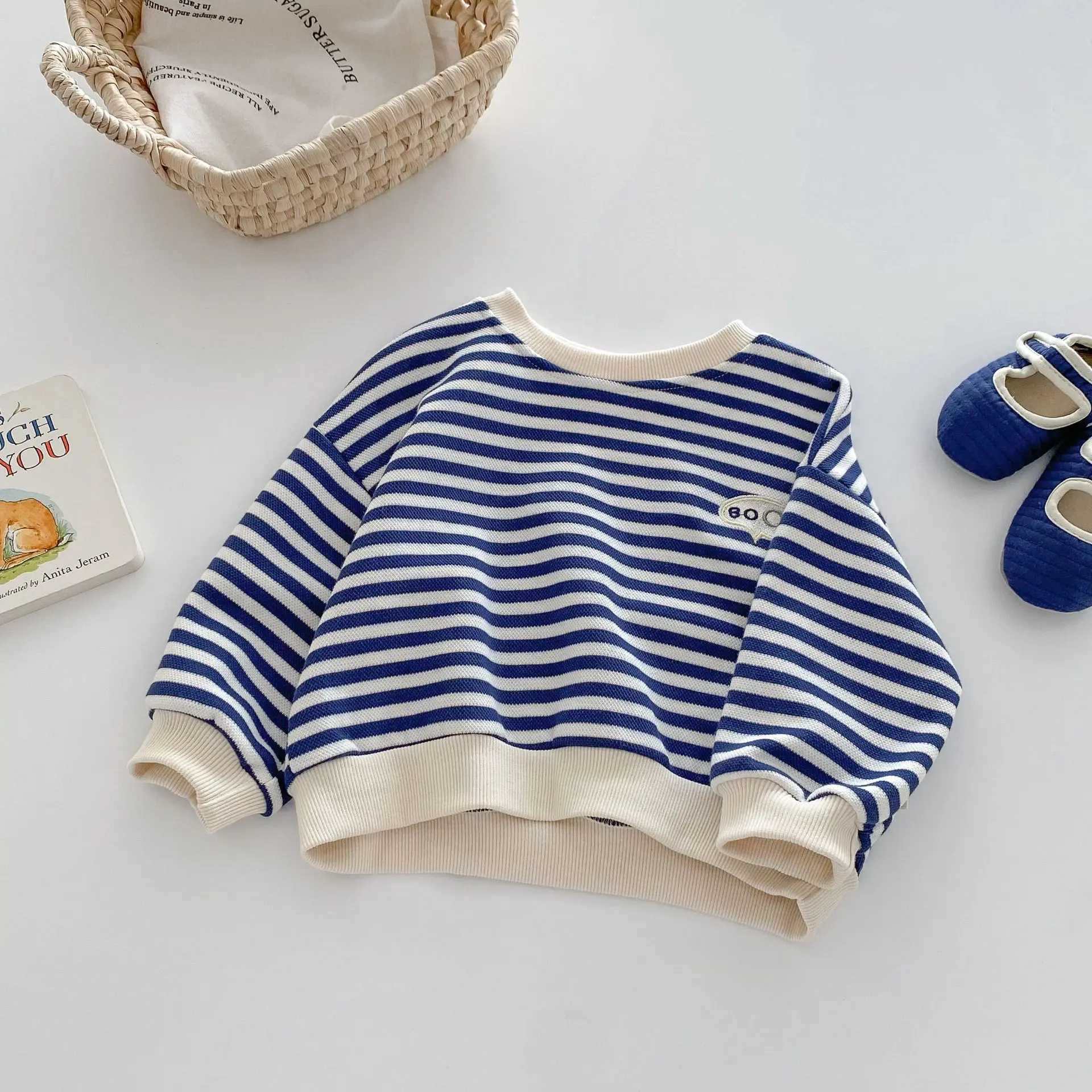 Spring Autumn 2024 Children Boys Sweatshirts Letter Embroidery Patched Baby Boys Elastic Hem Striped Stylish Little Boy PulloverY240814