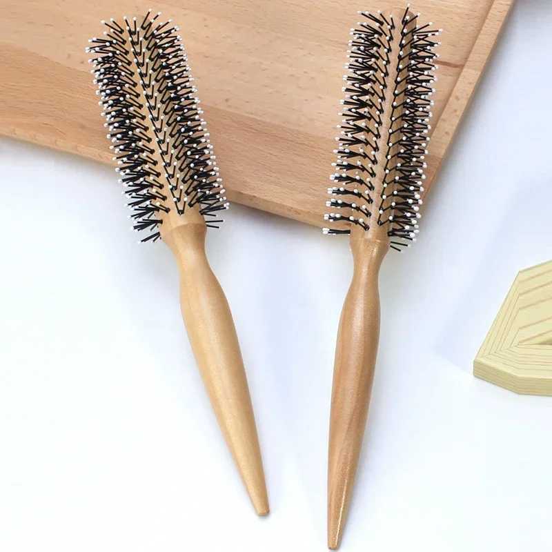 Mini round nylon hair brush with curly styling comb suitable for thin or short haired men with wooden handle W240813