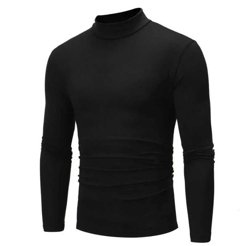 New Spring and Autumn Mens Casual Solid Color High Collar Winter Mens Slim Fit Long Sleeve T-shirt UnderlayM240814