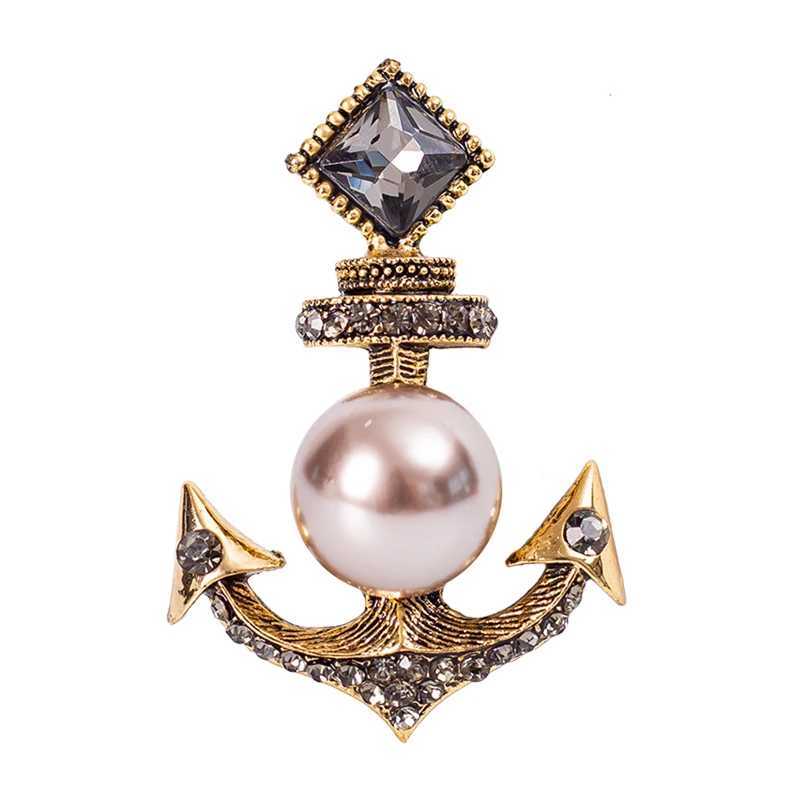 Pins Brooches EASYA Classic Vintage Sailboat Anchor Shaped Brooch Inlaid Rhinestone Crystal Pearl Elegant Woman Chest Decoration Jewelry Q240622