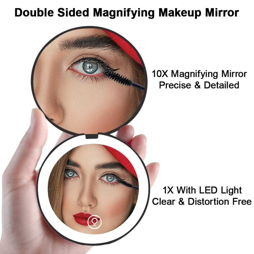 Mini portable folding travel mirror LED light makeup mirror Compact mirror 10X magnifying glass Double sided beauty makeup round mirror W240813