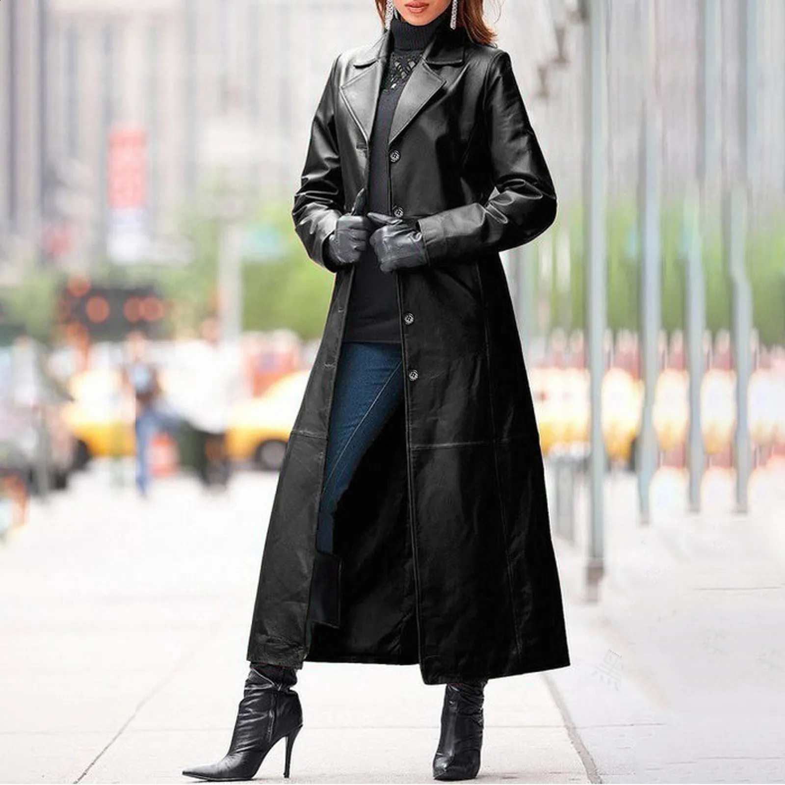 Women Fashion Windbreak Solid Coat Business Temperament Long Overcoat Slim Warm Leather Jacket Chaquetas 240813