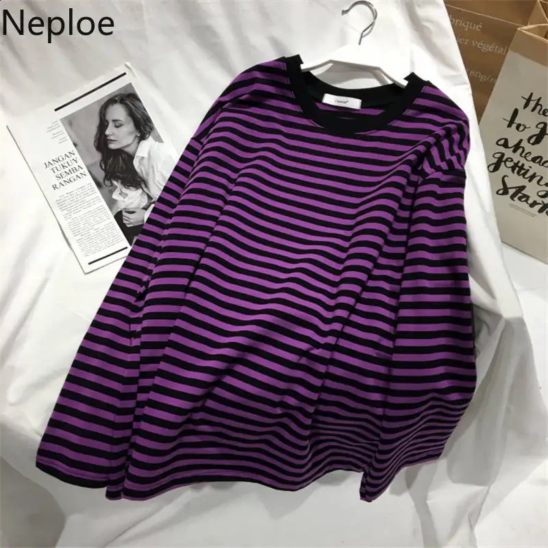 Neploe Autumn Striped Sweaters Medium-long Causal Pullovers Thin O-neck Top Korean Streetwear Women Clothes 240812