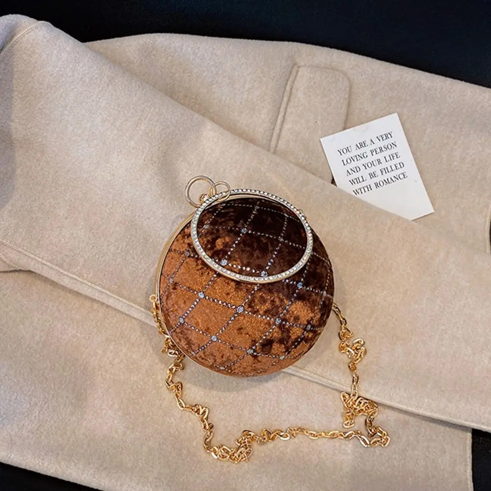 Vintage Velvet Round Ball Evening Bags For Women Fashion Chain Shoulder Bags Retro Green Black Dinner Party Clutch Ladies Purses 240813