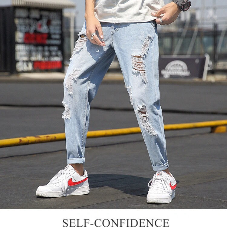 Summer thin cut ripped jeans for men, loose fit, 9-inch fat, trendy brand, plus size 1 pounds pants, beggar carrot pants