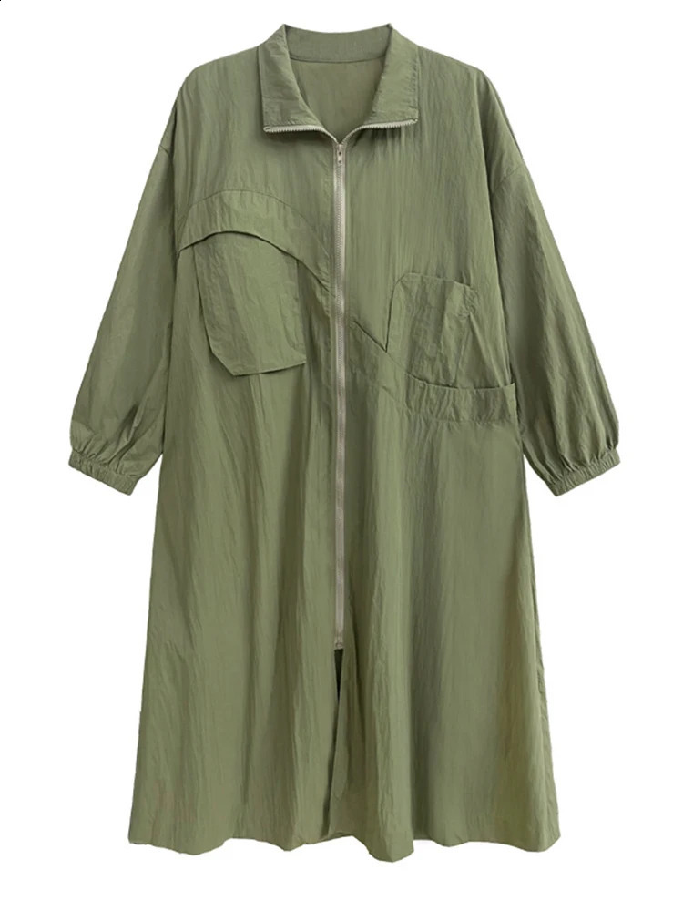 EAM Women Army Green Big Size Long Trench Stand Collar Long Sleeve Windbreaker Fashion Spring Autumn 2024 1DH0511 240813