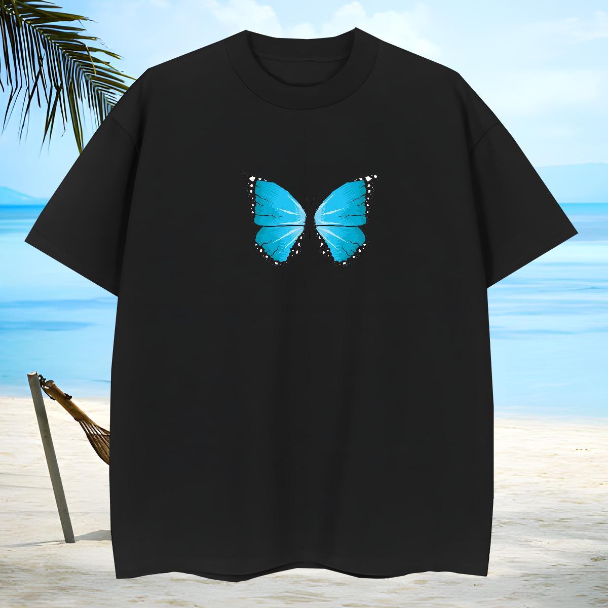Loose Men T Shirts Butterfly Breathable Soft Casual Anime 230g Pure Cotton Tshirts Fashion Designer Clothes