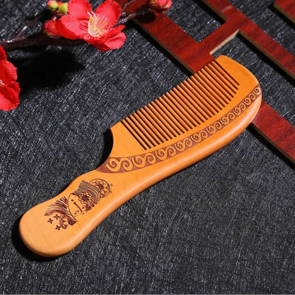 Natural carved peach wood comb thick wood comb curly massage hair comb anti-static sandalwood hair styling tool W240813