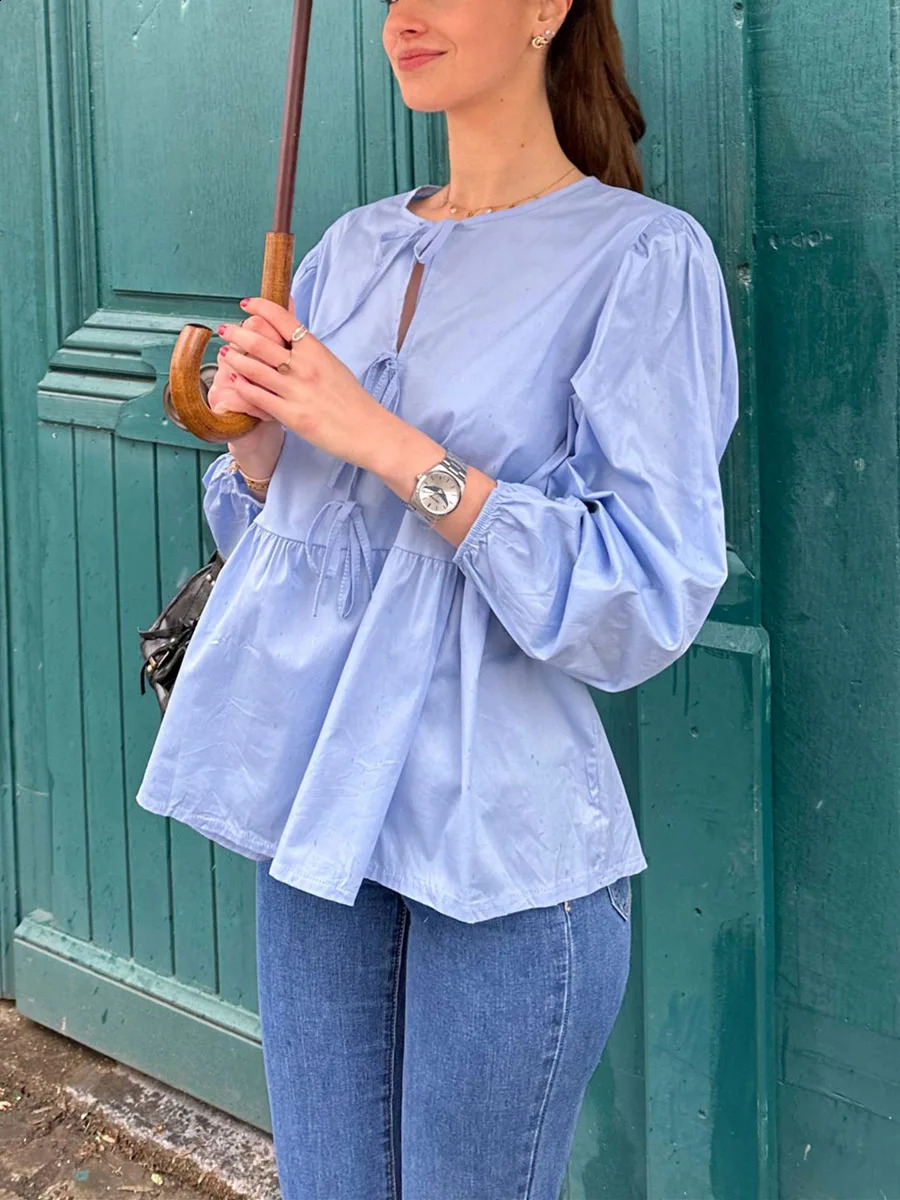 Womens lace front shirt summer stripes loose fit round neck long fluffy sleeves elegant office womens floral top 240814