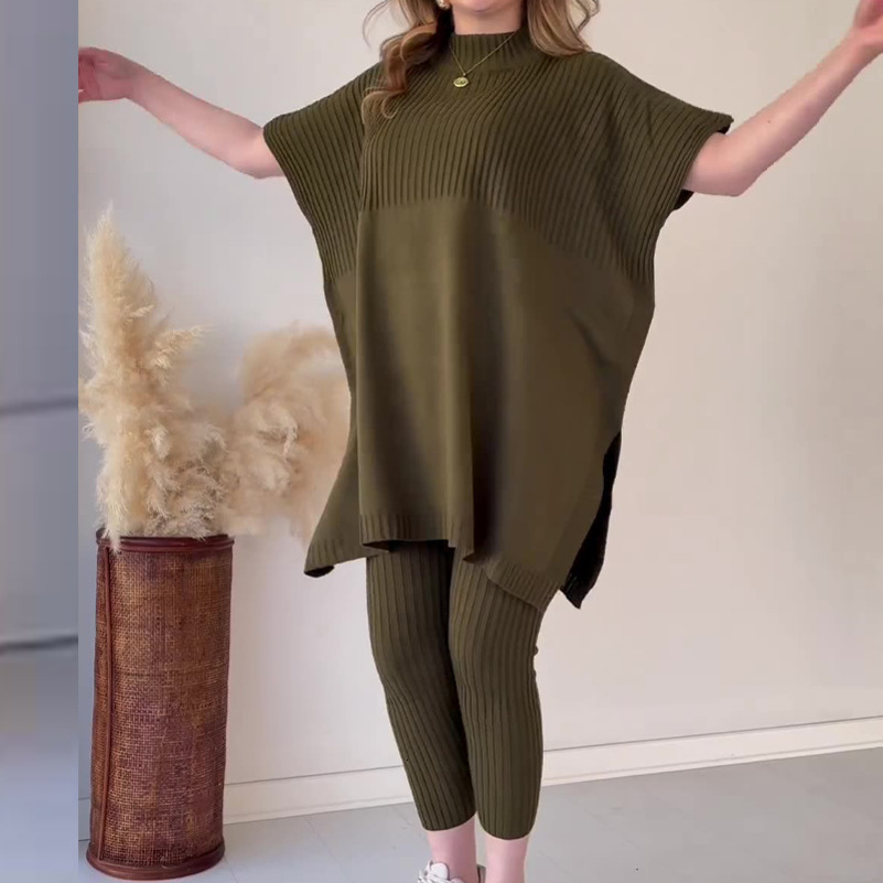 Plus-size Loose Knit Pant Sets Casual Two-piece Set Round Neck Bat Loose Tops and Knitted Trousers Lady Fashion Elegant Pullover 240813