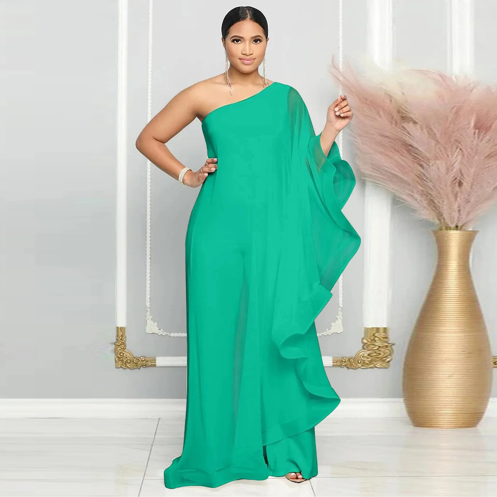 White Wide Leg Party Jumpsuit Sexy Women One Shoulder Elegant Solid Ruffles Casual Overalls Rompers 240813