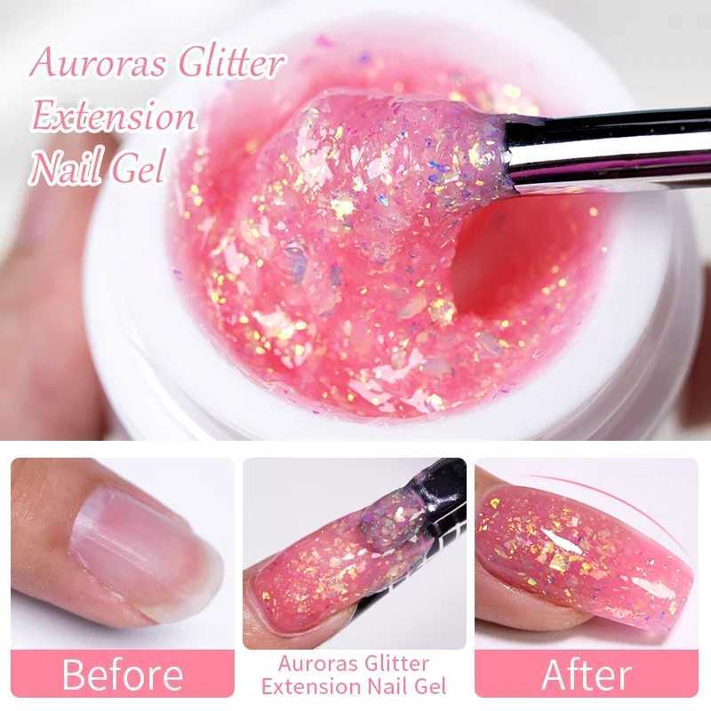 BOZLIN 15ml Aurora Glitter Extension Nail Gel Polish Shining Glimmer Semi Permanent Soak Off Color Extension Gel Rhinestone GlueM240814