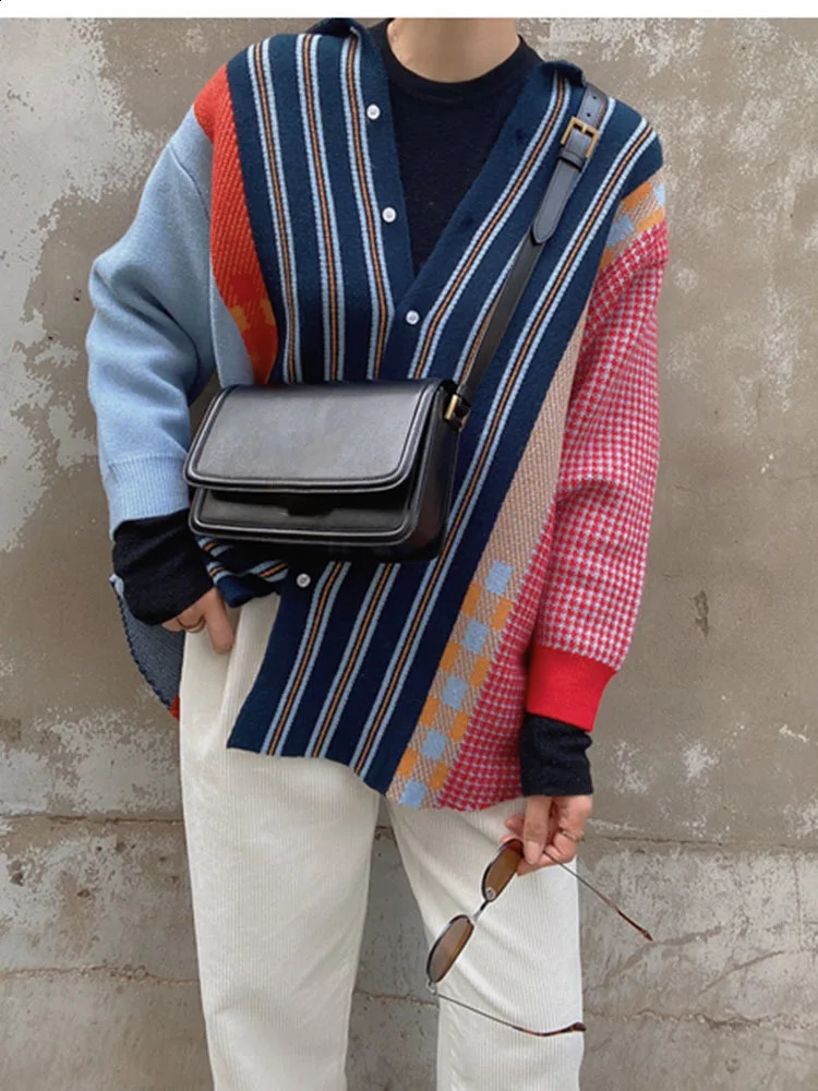 EWQ Big Size Knitted Cardigan Women 2024 Spring Korean Chic Tops Versatile Patchwork Contrast Color Plaid Sweater Coat Female 240813