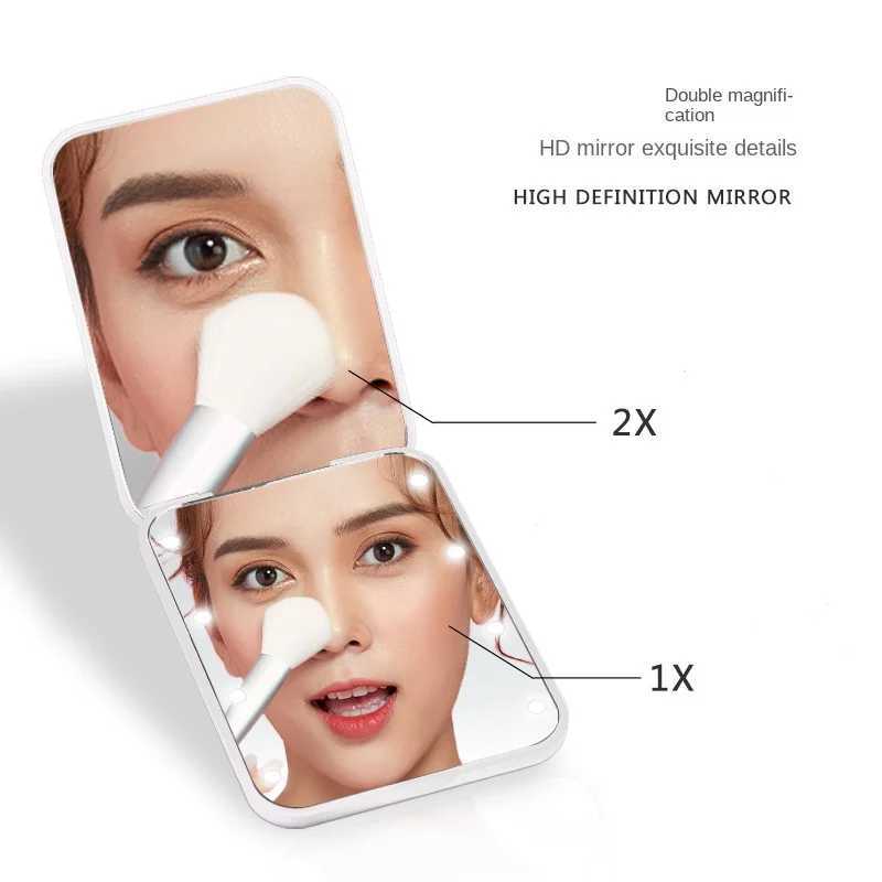 Double sided travel portable folding makeup mirror with LED light mini makeup mirror womens compact pocket handheld mirror W240813