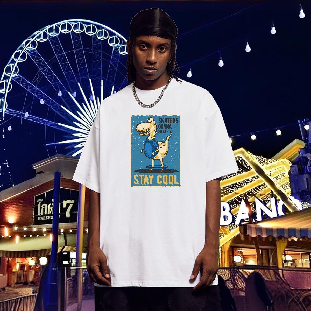 T Shirts Men 230g Pure Cotton dinosaur Beach Breathable Short Sleeve Plus Size Cartoon Tshirts DIY TOP Quality Clothes