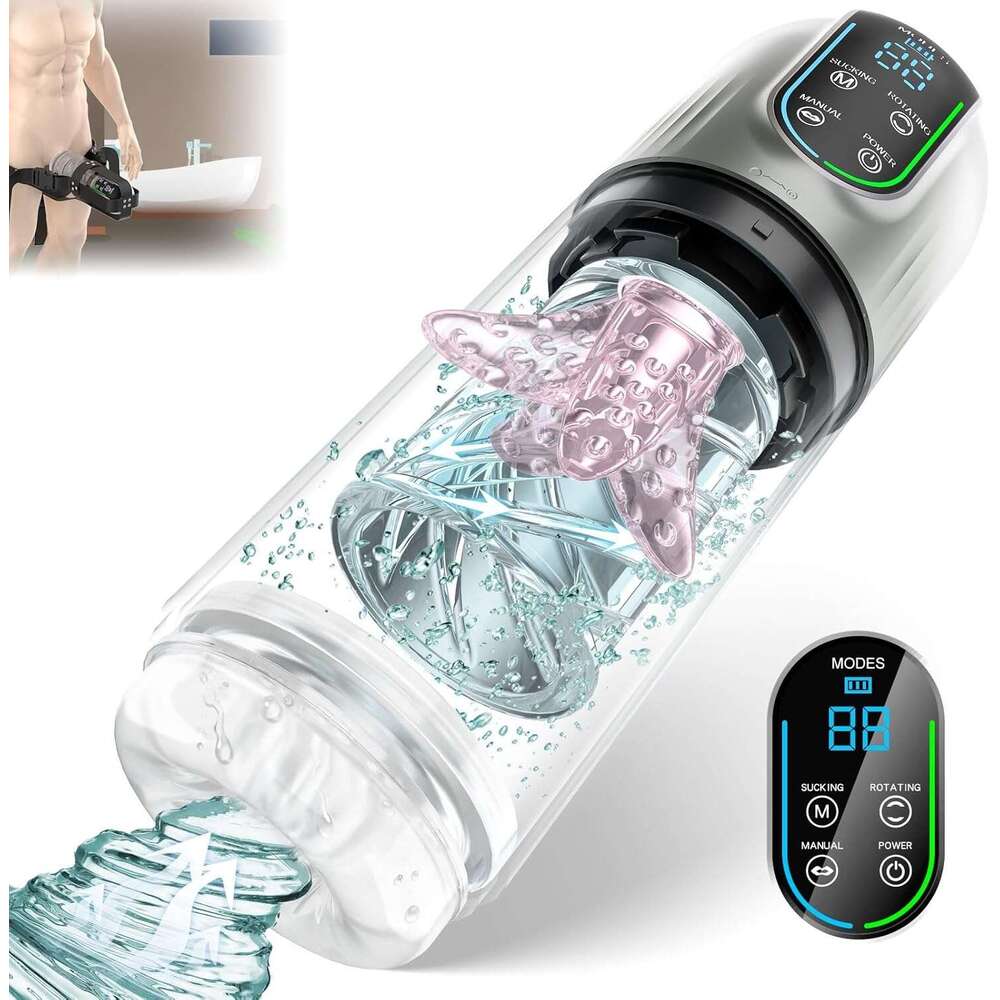 Men's automatic male sex toy - Pump adult male sex toy, 7 suction, rotation and licking modes, LED display pocket genital male massager, sex mach