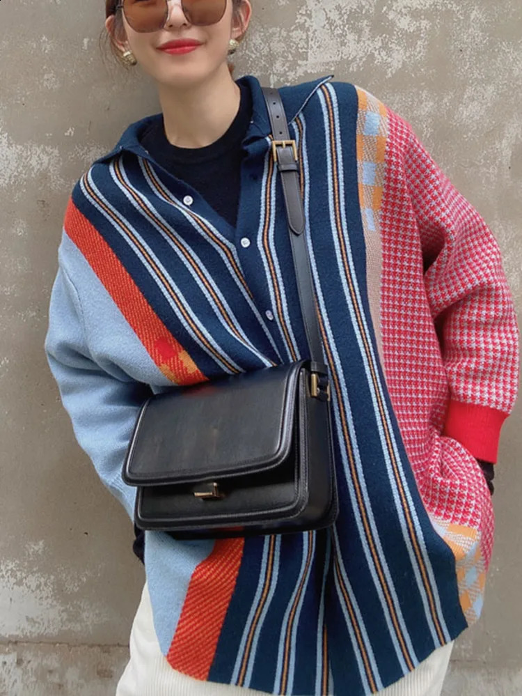 EWQ Big Size Knitted Cardigan Women 2024 Spring Korean Chic Tops Versatile Patchwork Contrast Color Plaid Sweater Coat Female 240813