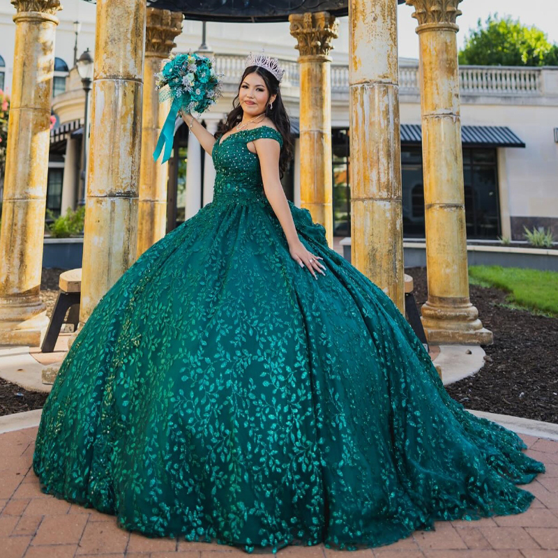 Emerald Green Princess Quinceanera Dresses Off the Shoulder Ball Gown Sweet 16 Dress Lace Beads Tull Vestidos De 15 Anos
