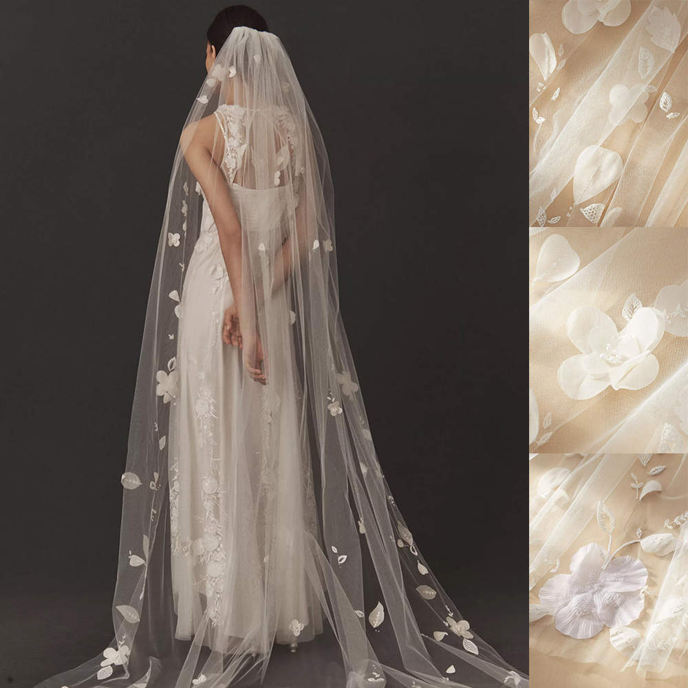 Fancy Wedding Veil 3D Flowers Appliques Long Special Cut Royal Bridal Veil with Comb Veil 3M White Ivory Wedding Accessories Custom Made