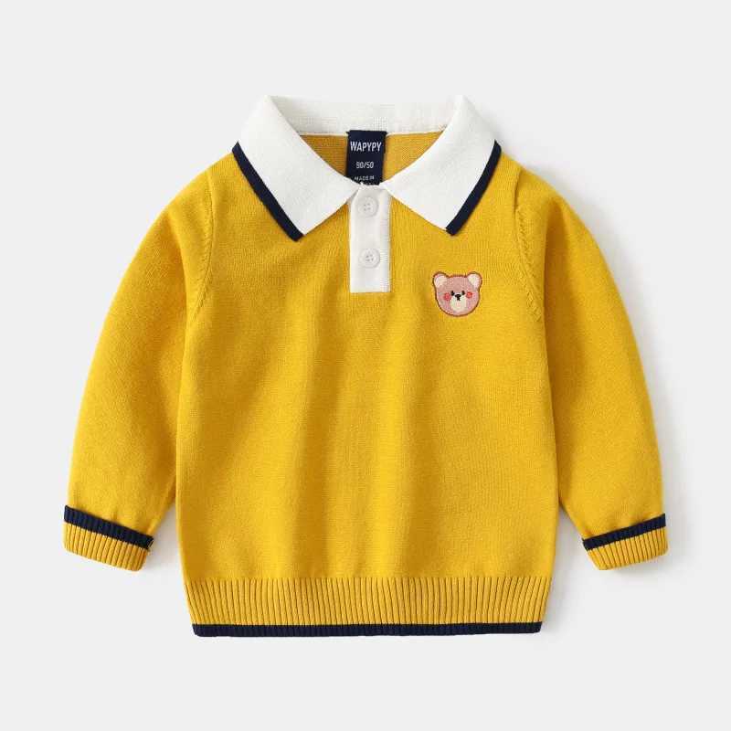 Autumn Toddler Boy Sweater Turn Down Collar Cartoon Embroidery Long Sleeve Baby Boy Pullover Loose Warm Striped Kid Boy KnitwearY240814