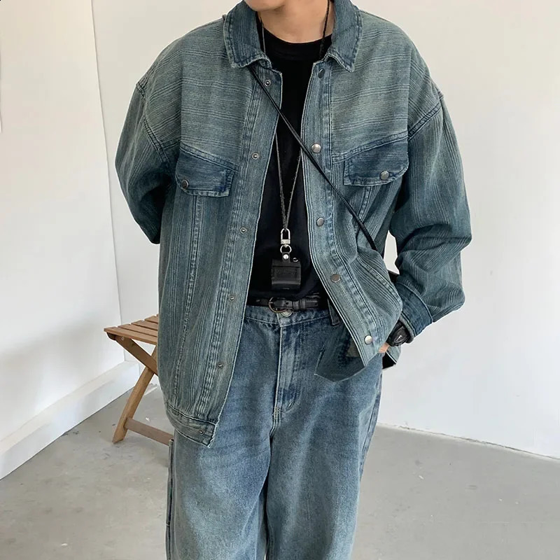 Hip Hop Denim Set Men Women Washed Distressed Striped Denim JacketsVintage Straight Loose Harlan Jeans High Street Cargo Suit 240813