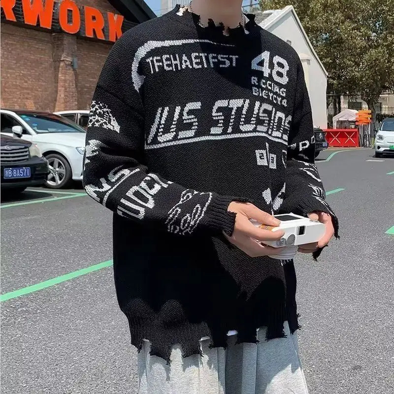 Y2k motorcycle style mens sweater Harajuku Gothic hip-hop knit pull off Korean fashion streetwear sweater 240829