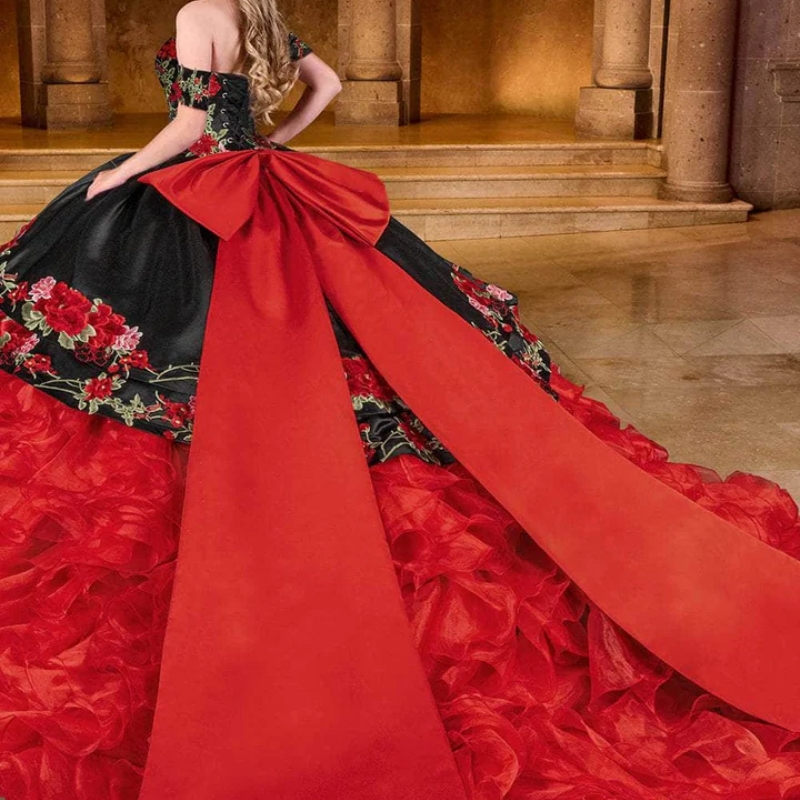 Red Mexican Princess Quinceanera Dresses Off Shoulder ral Applique Tiered Tull Corset Sweet 16 Birthday vestido 15 anos quinceanera