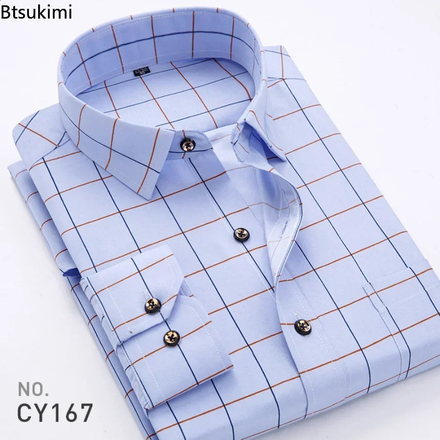2024 Mens Plaid Shirts Long Sleeve Spring Autumn Thin Male Casual Shirt Man Printed Dress Shirt Stripe Business Shirts Male 240814