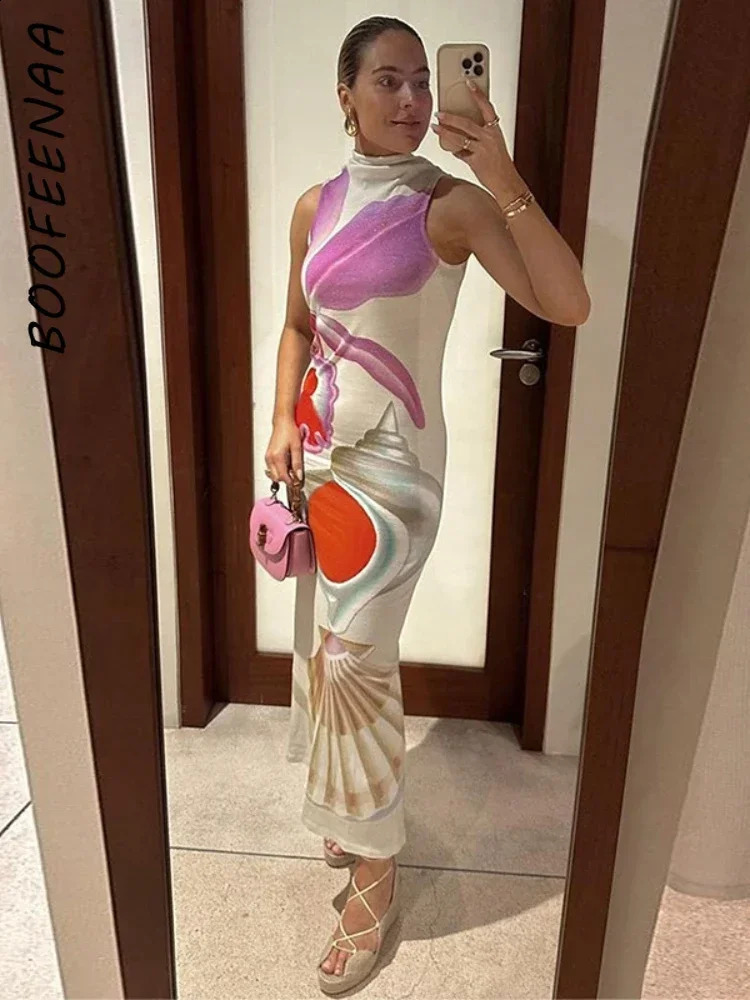 BOOFEENAA Abstract Printed Sleeveless Long Dresses for Women Clothes High Fashion Party Dress Elegant Resort Wear C85-CZ31 240814
