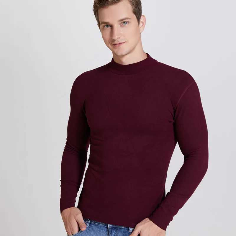 Winter Warm Half High Collar Fashion Thermal Underwear Men Mock Neck Basic Plain T-shirt Blouse Pullover Long Sleeve Top FashionM240814