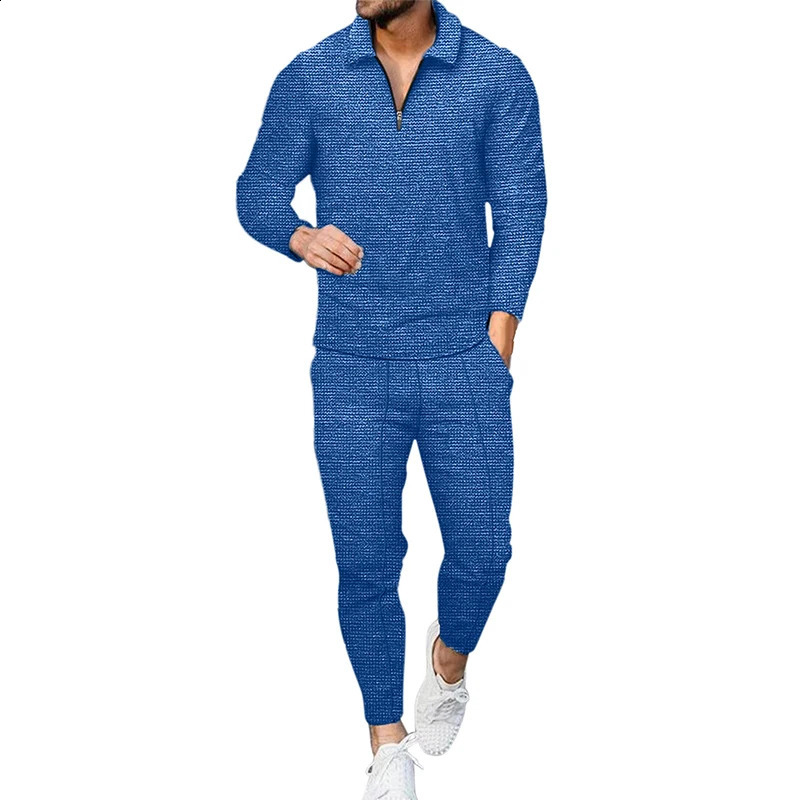 Spring Autumn Solid Color Polo-neck Loose Casual Top Elastic Pants Set Male Fashion Sporty Pullover Tee Sweatpants Suit Homme 240813