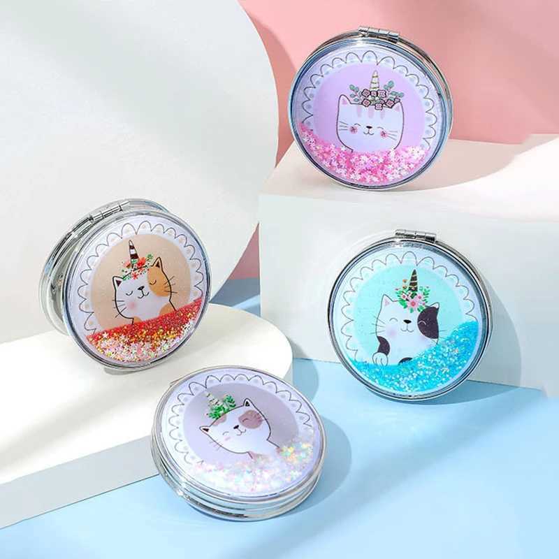 Portable small double-sided folding makeup mirror creative Quicksand makeup round mirror cartoon mirror compact pocket mirror W240813