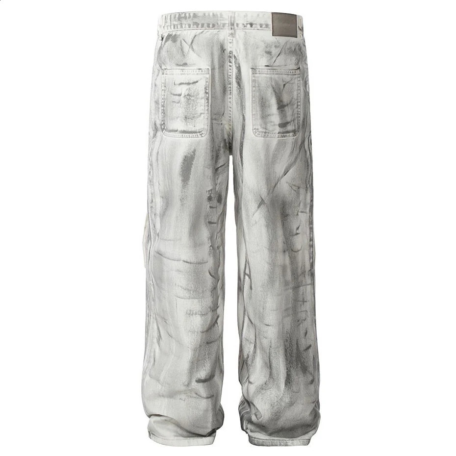 Dirty Cargo Jeans Wide Leg Loose Baggy Denim Pants Men Streetwear Hip Hop Jeans Trousers Multi Pocket White Trousers 240814