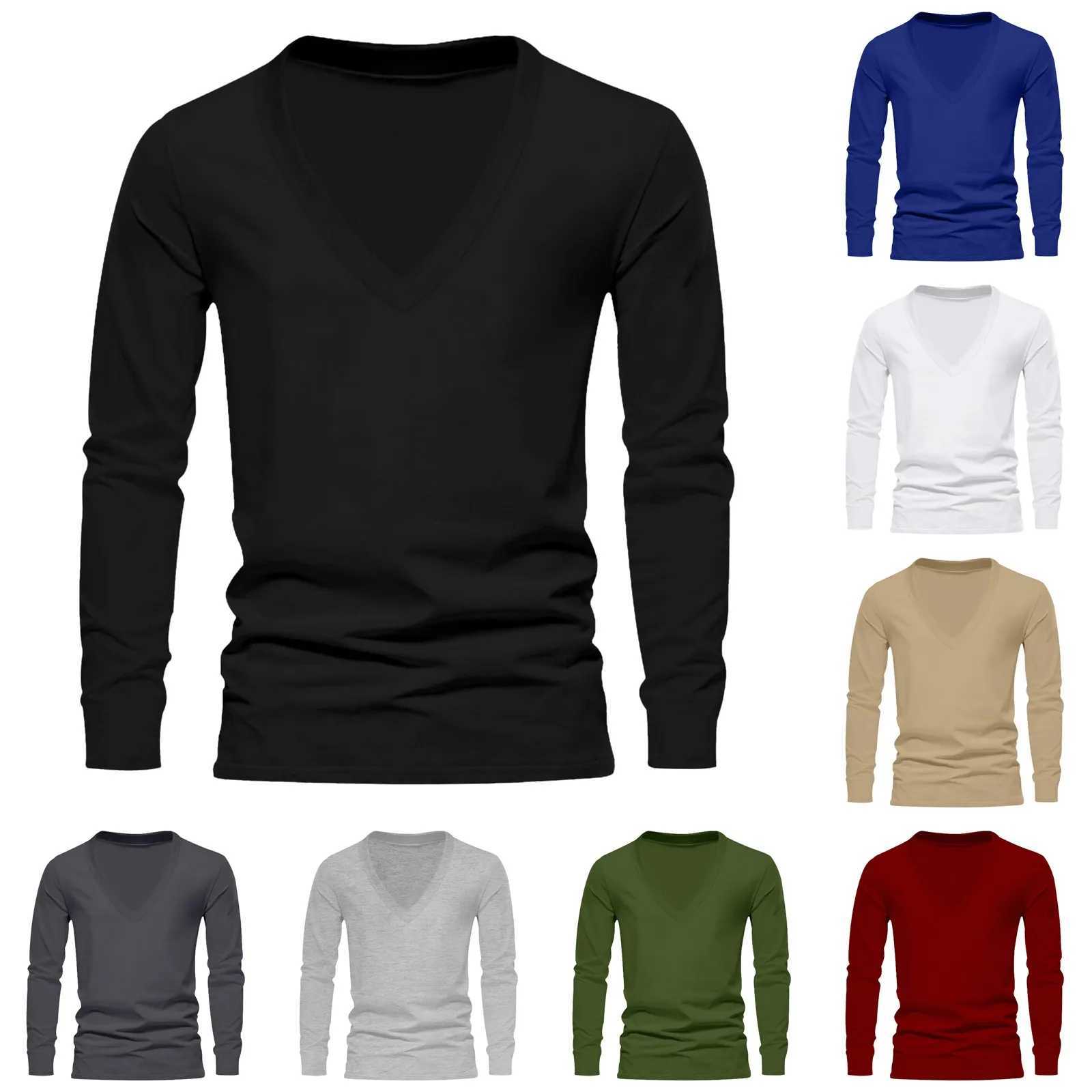 Mens T Shirt Solid Color V Neck Long Sleeve Loose Leisure Men Clothing Streetwear 2024 Fashion Casual bottoming shirts S-3XLM240814