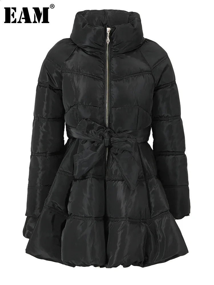 EAM Black Bandage Bow Cotton-padded Coat Long Sleeve Loose Fit Women Parkas Fashion Autumn Winter 2024 1DH5282 240813