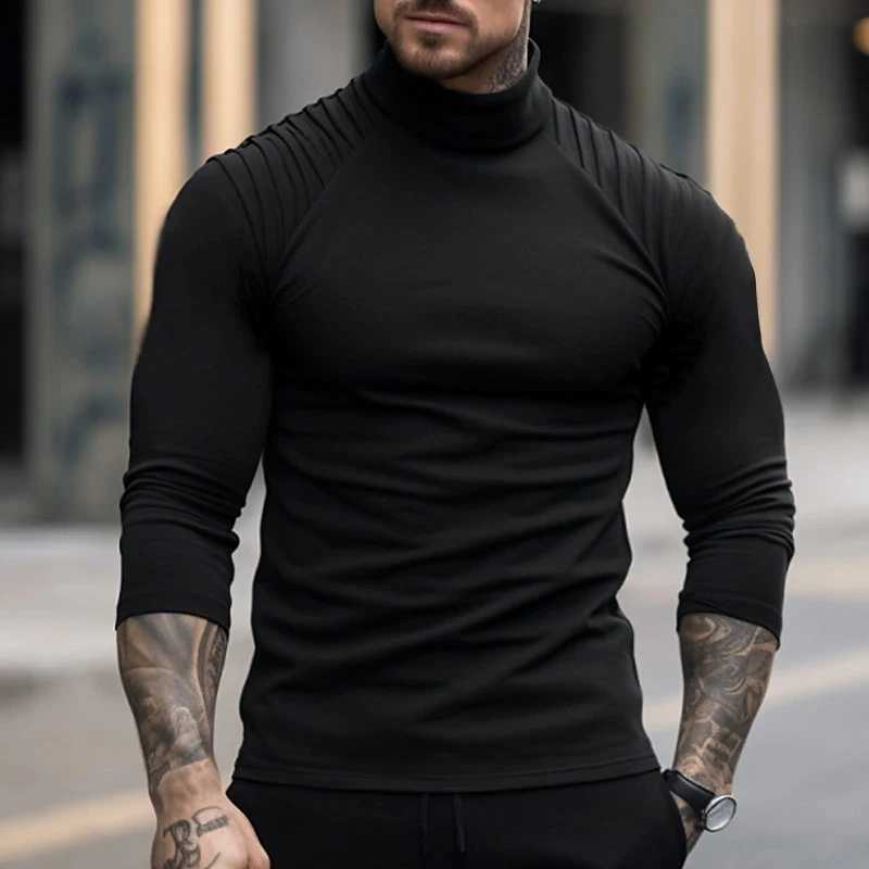 Spring and Autumn Mens High Neck T-shirt Slim Fit Fashion High Elastic Long Sleeve Cotton Casual Breathable Apparel S-3XLM240814
