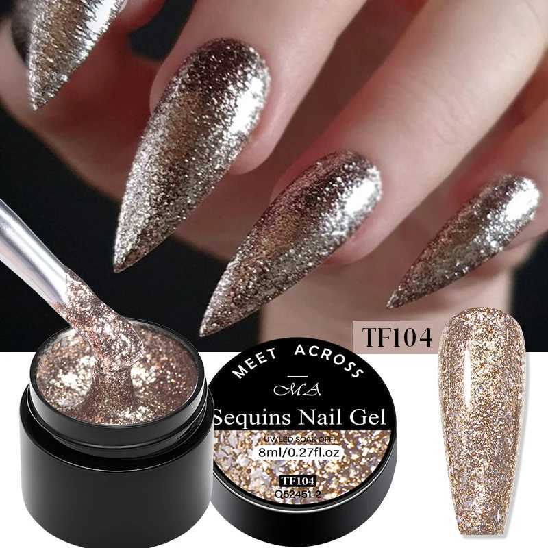 MEET ACROSS 8ml Glitter Sequins Gel Nail Polish Shiny Sparkling Silver Platinum Pink Semi Permanant Nail Art Gel ManicureM240814