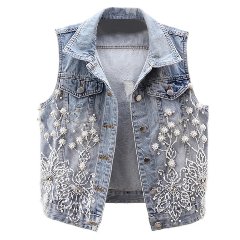 Women Denim Vest 2024 Pearls Fashion Ripped Autumn Jeans Jacket Sleeveless Loose Short Coat Causal Waistcoats Outwear Tops 240813