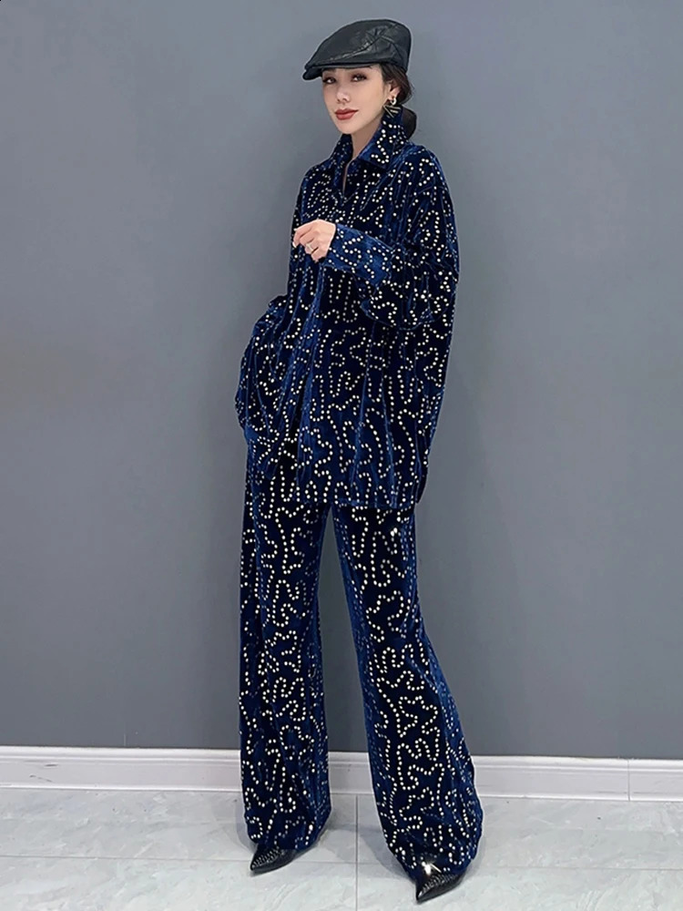 SHENGPALAE Fashion Women Two Pieces Sets Sequins Spliced Lapel Temperament Tops Versatile Wide Leg Pants Autumn 2024 5R7047 240813