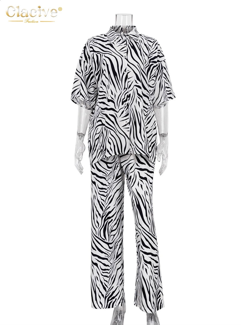 Clacive Summer Loose Zebra Print 2 Piece Sets Women Outfit Elegant Short Sleeve Shirts Matching High Waist Pants Set Female 240813